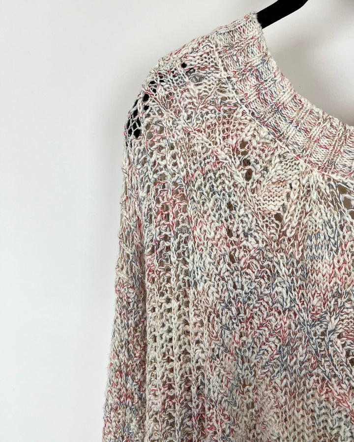 Cream Pink and Blue Chunky Knit Sweater - Size 1X