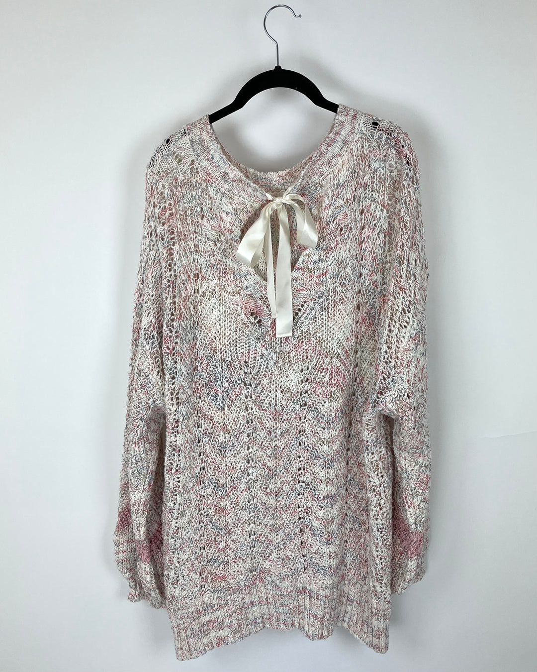 Cream Pink and Blue Chunky Knit Sweater - Size 1X