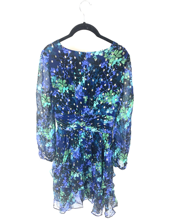 Dark Blue, Green, and Gold Floral Cocktail Dress - Size 4/6