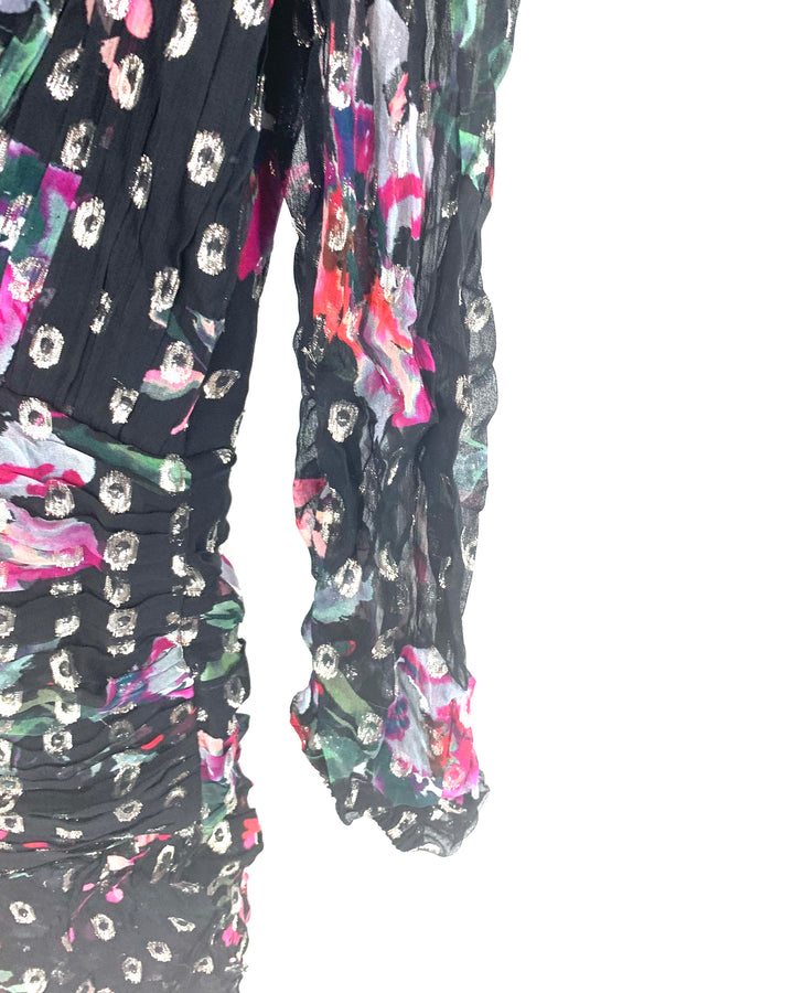 Black & Multi Color Floral Printed Gold Dress - Size 0/2