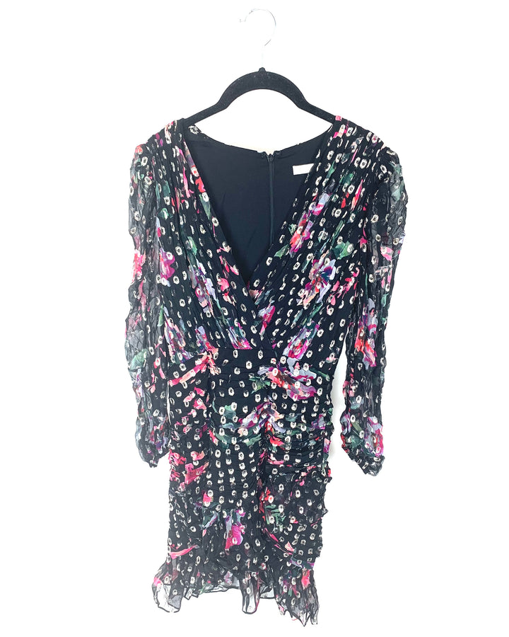 Black & Multi Color Floral Printed Gold Dress - Size 0/2