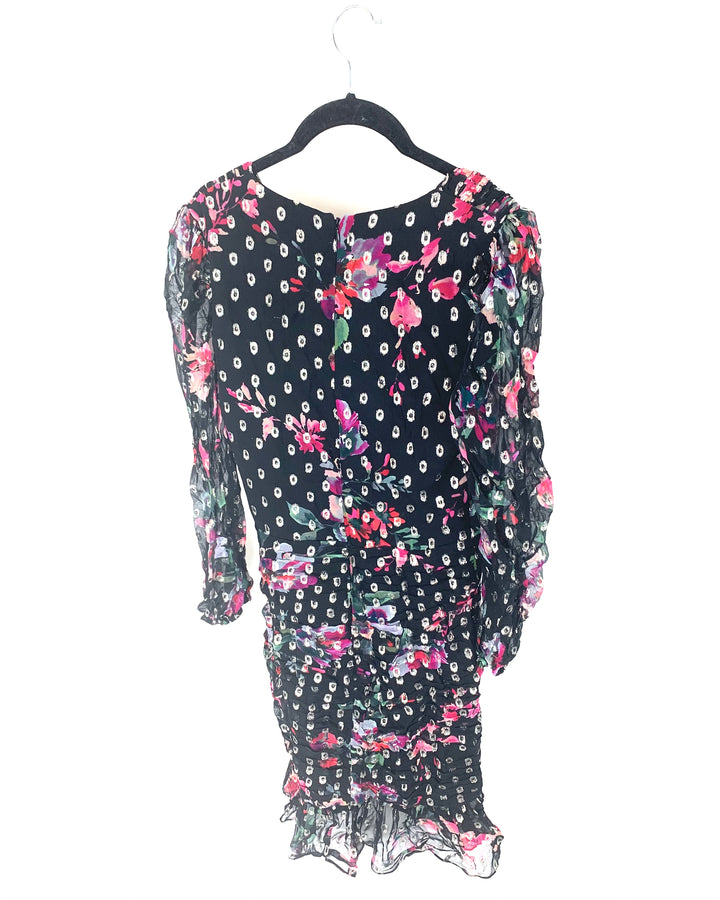 Black & Multi Color Floral Printed Gold Dress - Size 0/2