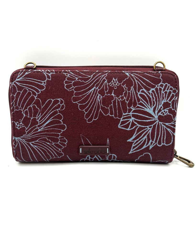 Burgundy Floral Pattern Crossbody Bag / Wristlet