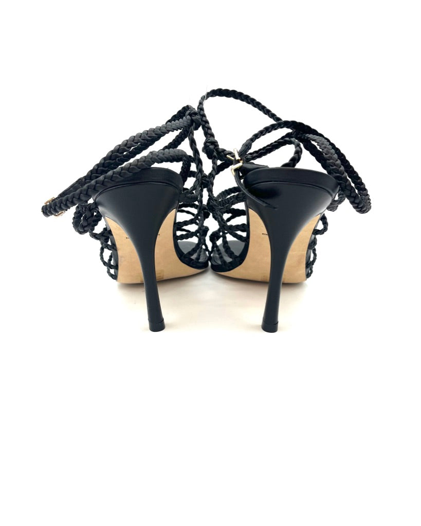 Black Leather Braided Strap Heels - Size 10