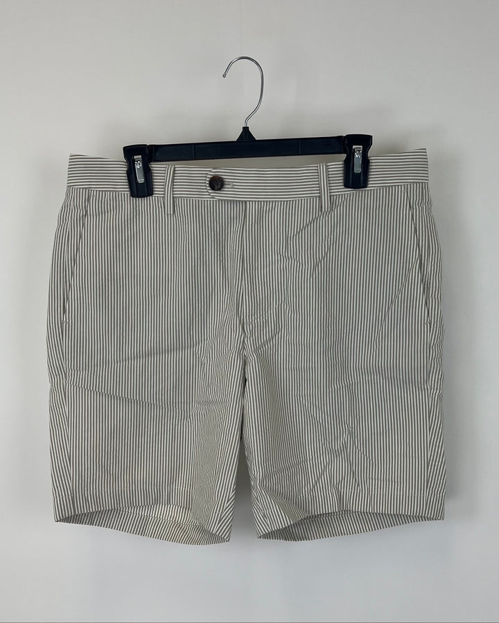 MENS Gray and White Striped Shorts - Size 32 Waist - 5” , 7” , and 9” Inseam