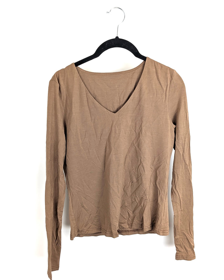 Almond Brown V-Neck Long Sleeve Top - Small