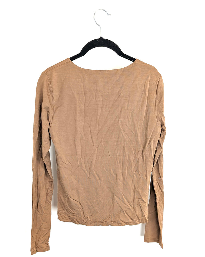 Almond Brown V-Neck Long Sleeve Top - Small