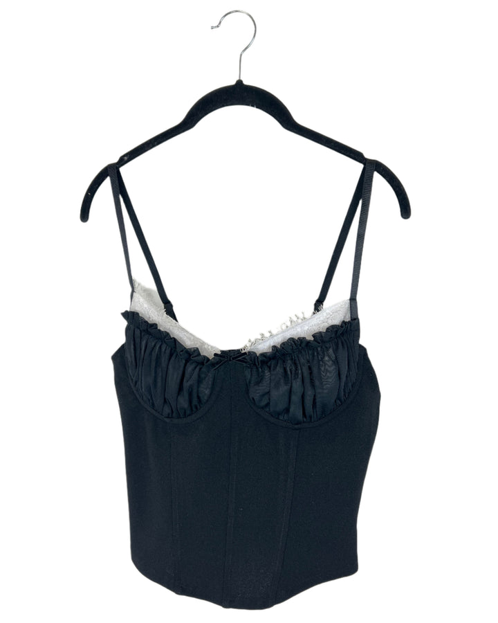 Black Bustier Top With White Lace Detail - Size 6/8