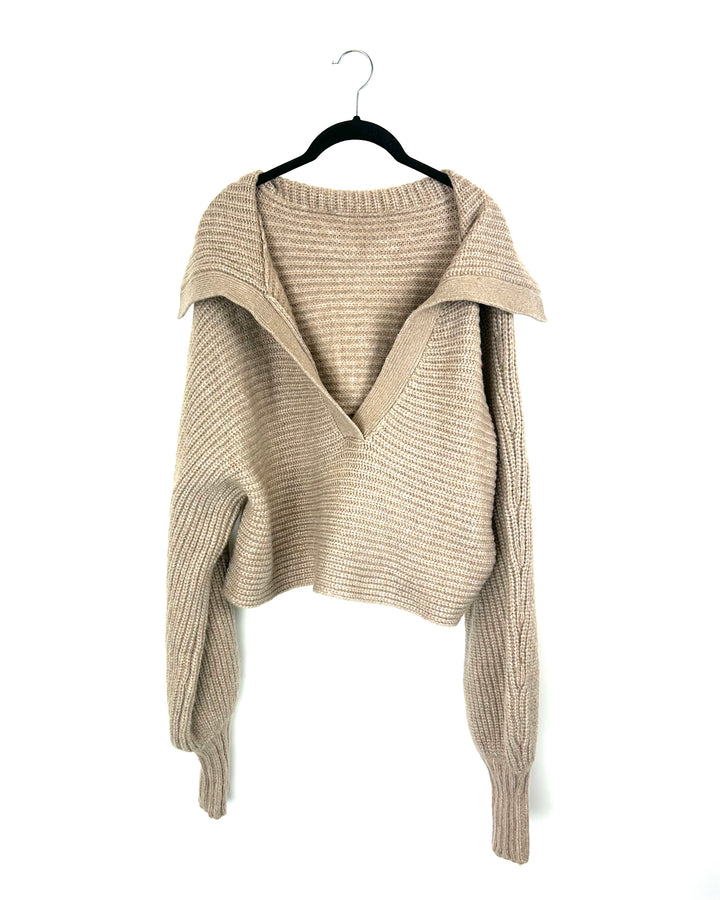 Oatmeal Knit Collared Cropped Sweater - Large
