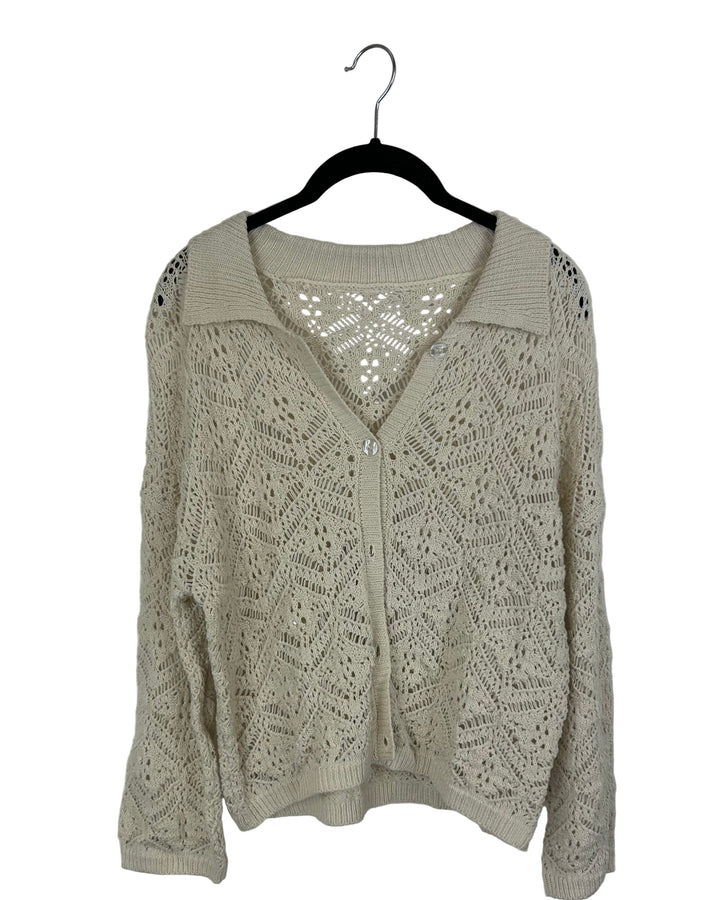 Beige Crochet Cardigan With Collar - Medium
