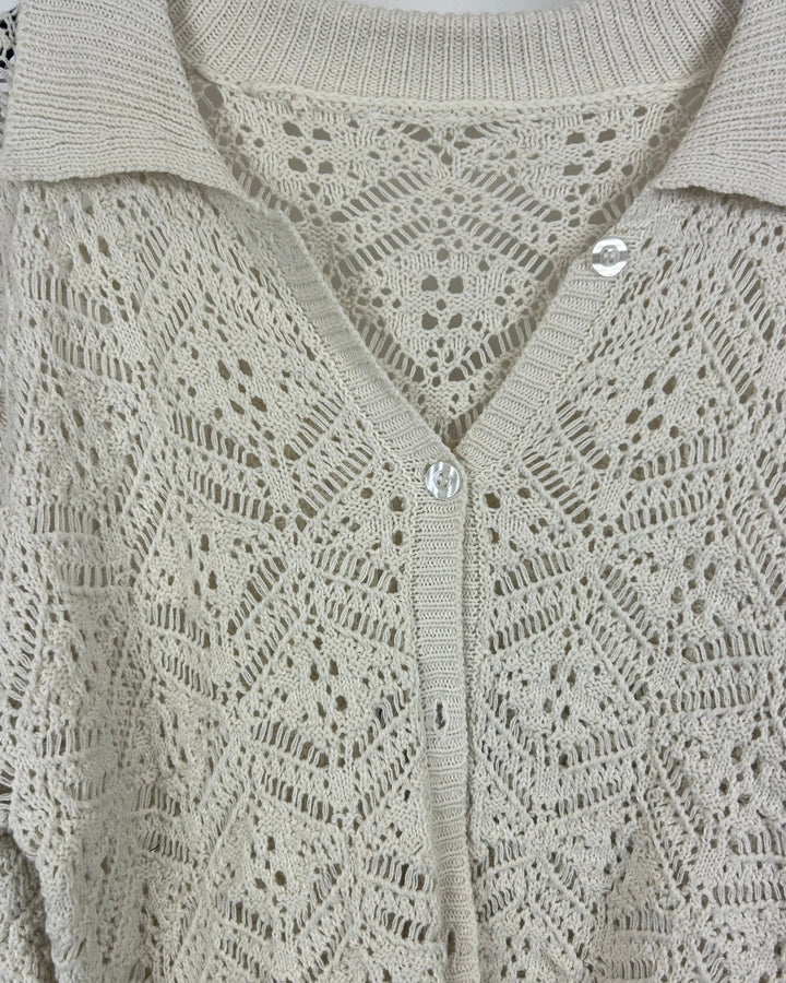 Beige Crochet Cardigan With Collar - Medium
