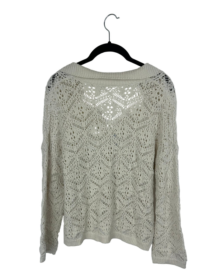 Beige Crochet Cardigan With Collar - Medium