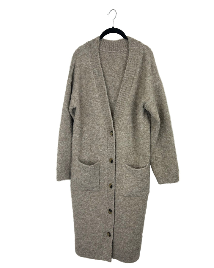 Light Brown Long Button-Up Cardigan - Large
