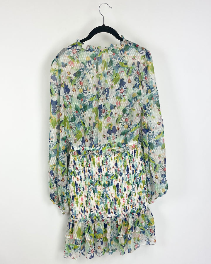 White And Green Floral Long Sleeve Dress - Size 6