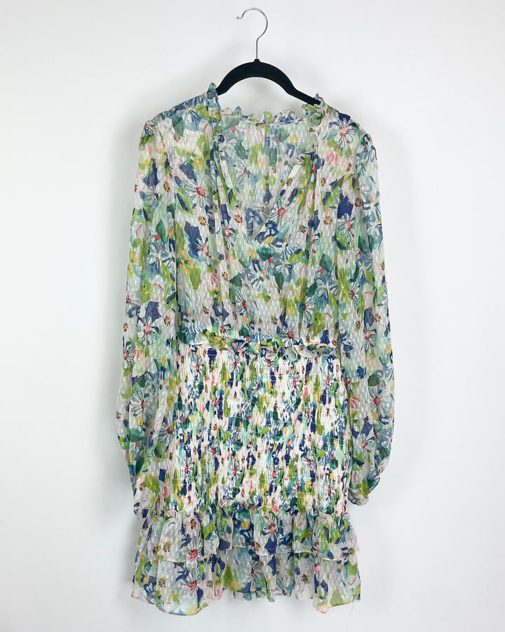 White And Green Floral Long Sleeve Dress - Size 6