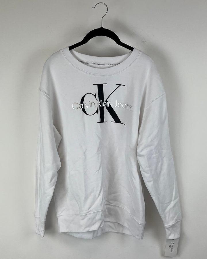 White With Black And Silver Logo Crewneck - Small