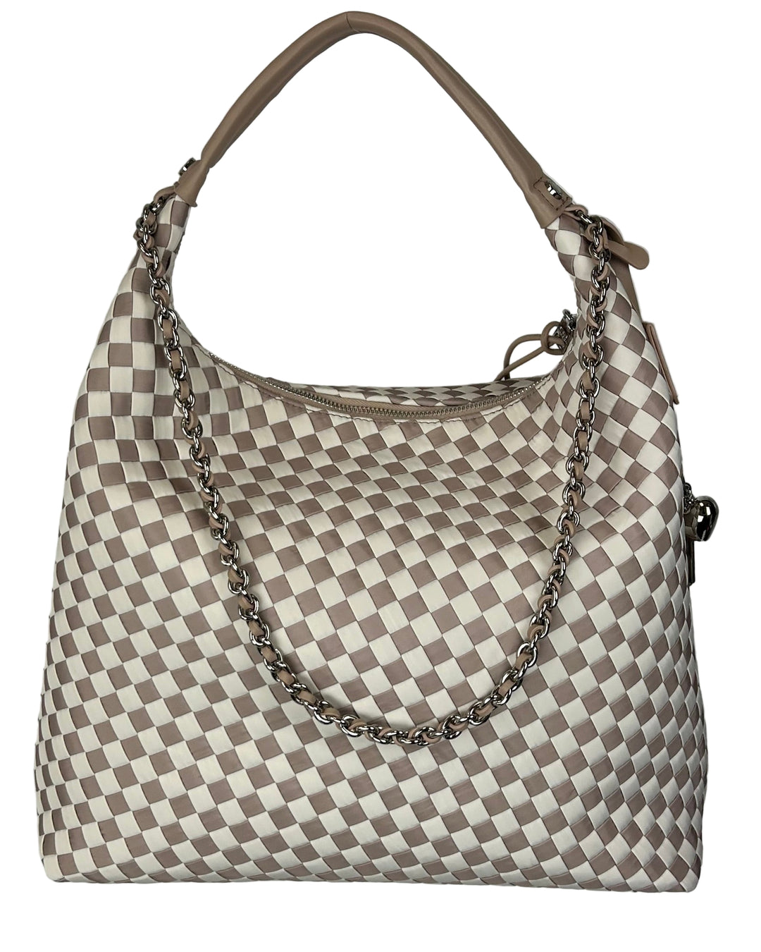 Beige And White Checkered Print Tote Bag
