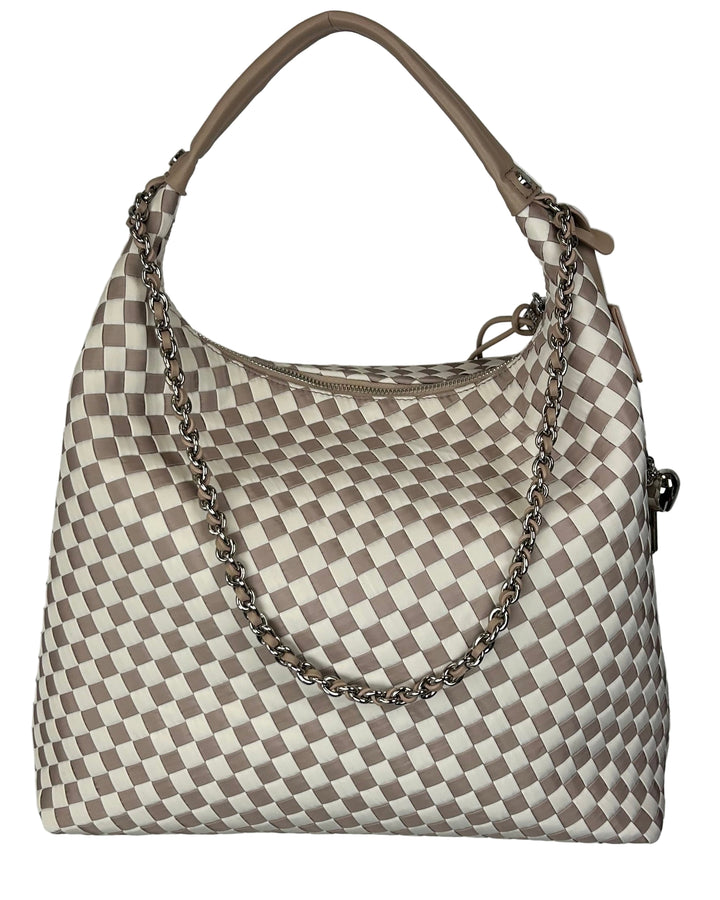 Beige And White Checkered Print Tote Bag