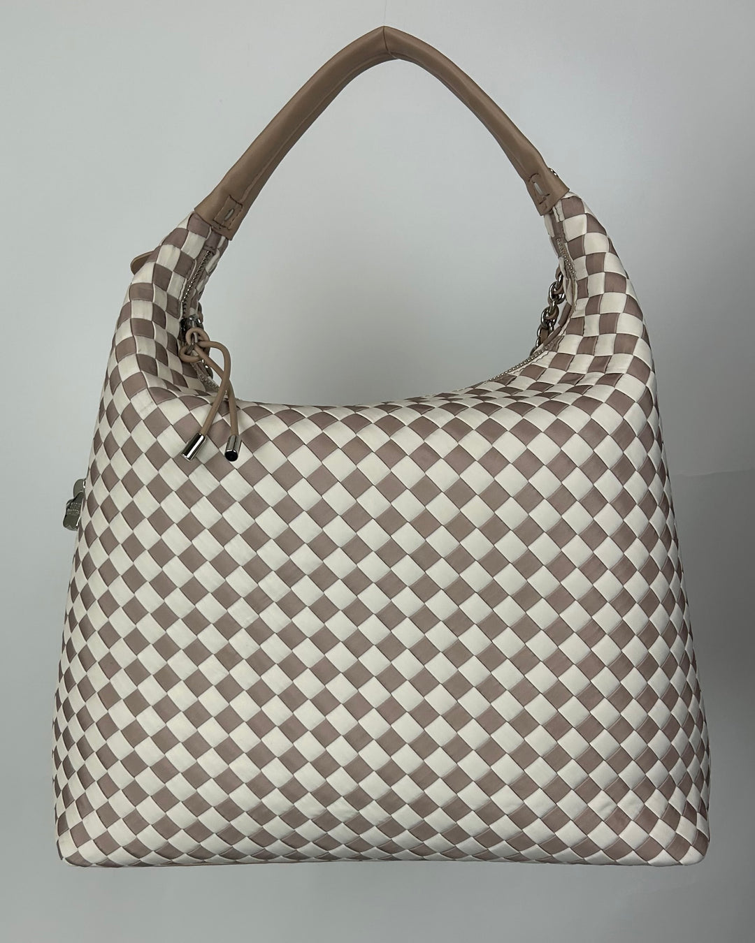 Beige And White Checkered Print Tote Bag