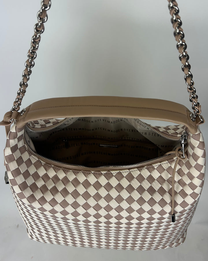 Beige And White Checkered Print Tote Bag
