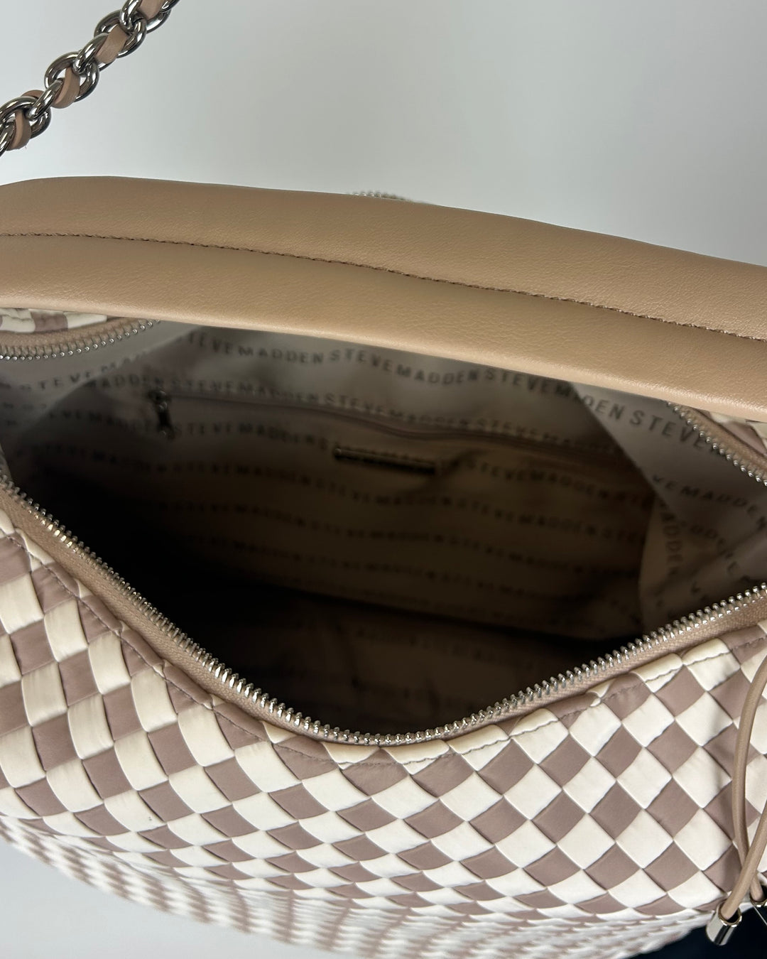 Beige And White Checkered Print Tote Bag