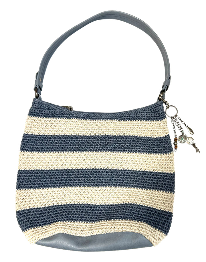 Blue and Cream Striped Crochet Tote Handbag
