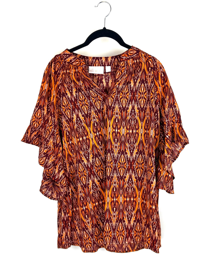 Orange and Brown Abstract Pattern Short Sleeve Blouse - Size 6/8