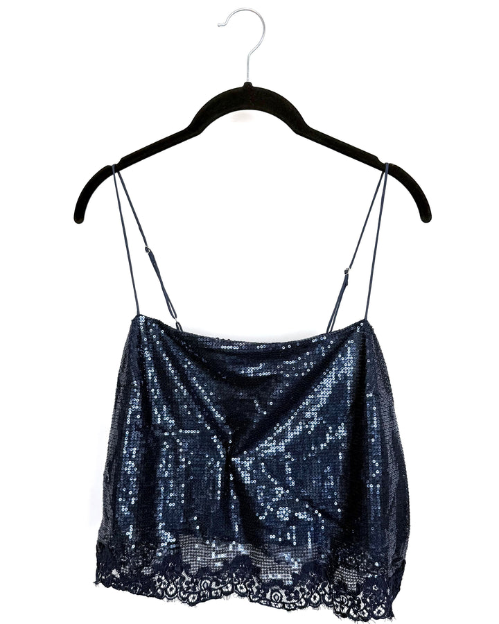 Navy Blue Sparkly Lace Trim Top - Size 2/4