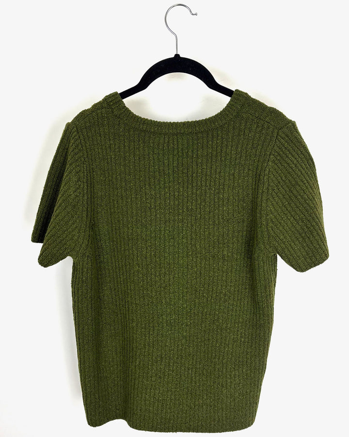 Olive Green Ribbed Knit Sweater T Shirt - Size 8/10