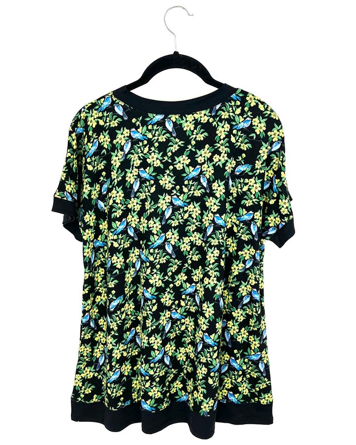 Bird And Floral Short Sleeve Top - Size 4/6
