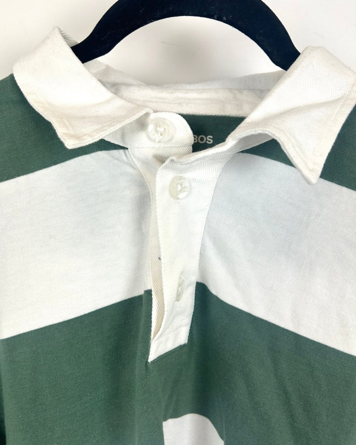 Long Sleeve Green And White Striped Polo Top - Men's Medium/Women's Large