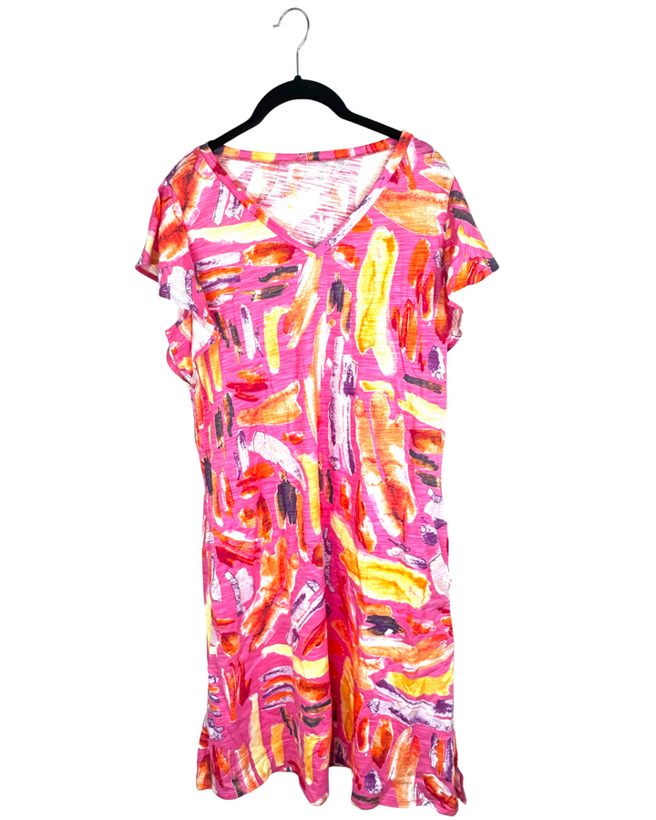 Hot Pink Abstract Short Sleeve Dress - Size 6/8
