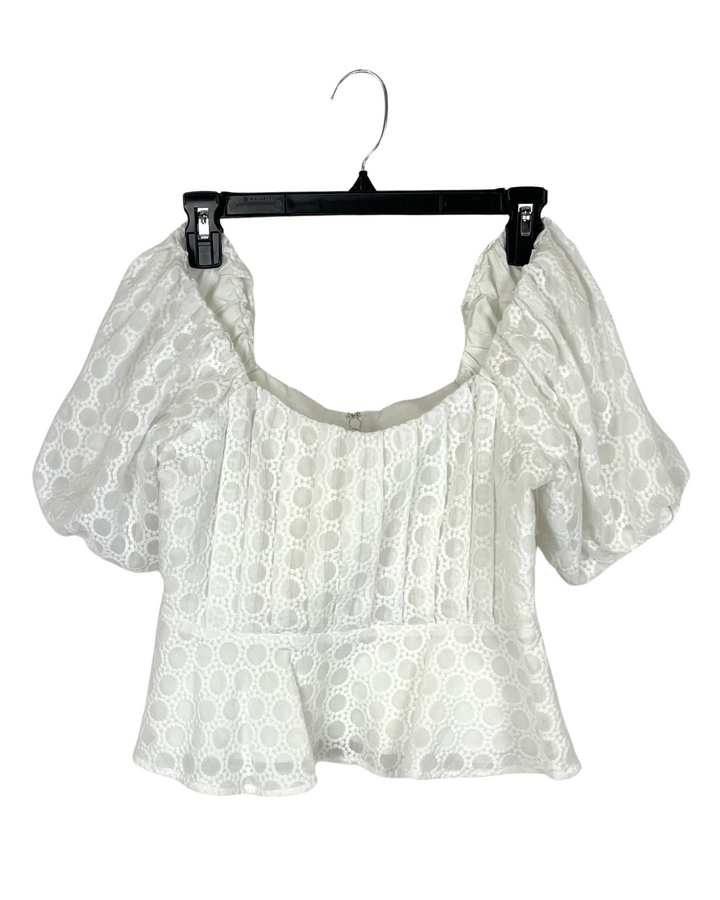 White Off The Shoulder Embroidery Cropped Top - Size 4/6