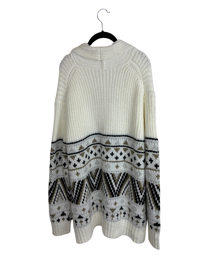 White Multi Pattern Cardigan Sweater - Size 8/10