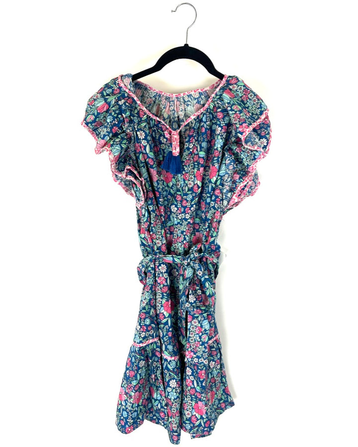 Blue And Pink Floral Short Sleeve Dress - Size 4