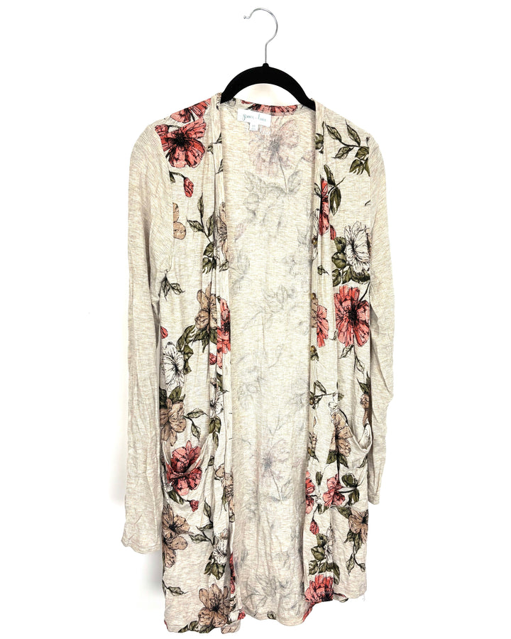 Beige Floral Print Cardigan - Size 2/4