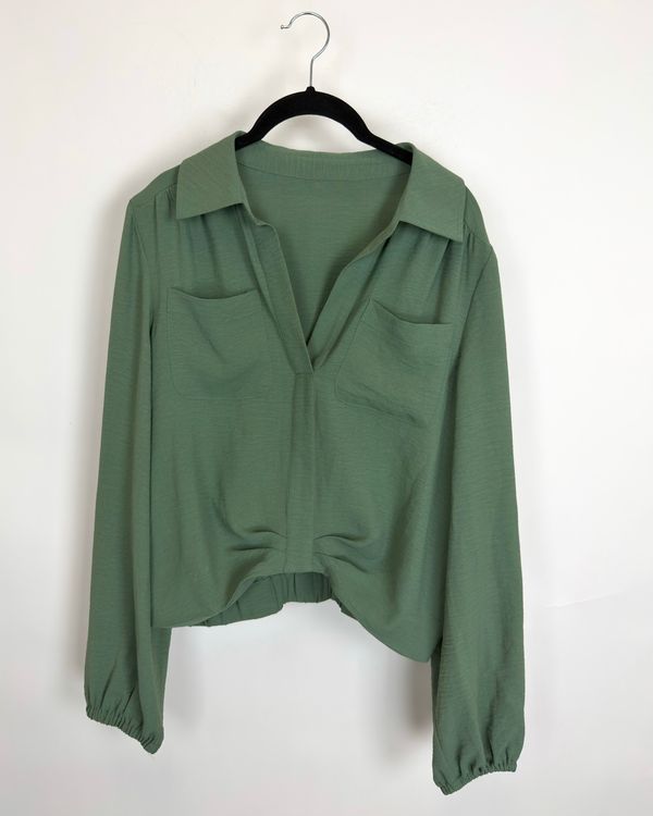 Sage Green V-Neck Blouse - Size 4/6