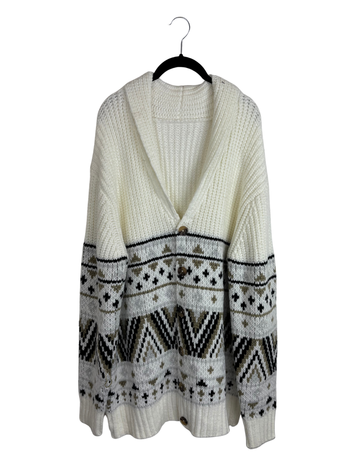 White Multi Pattern Cardigan Sweater - Size 8/10