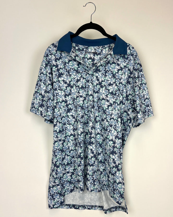 MENS Periwinkle, Blue and Green Floral Golf Shirt - Slim Fit Medium