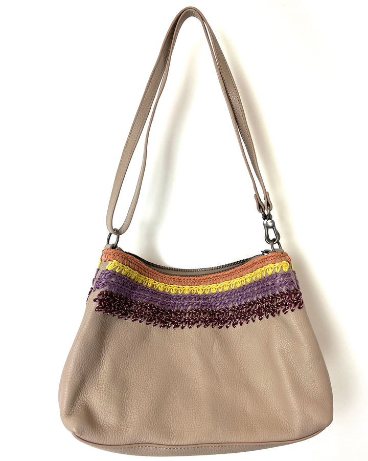 Taupe Leather & Crochet Shoulder Bag