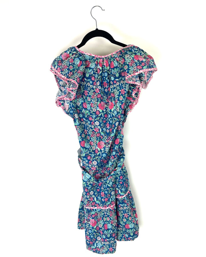 Blue And Pink Floral Short Sleeve Dress - Size 4
