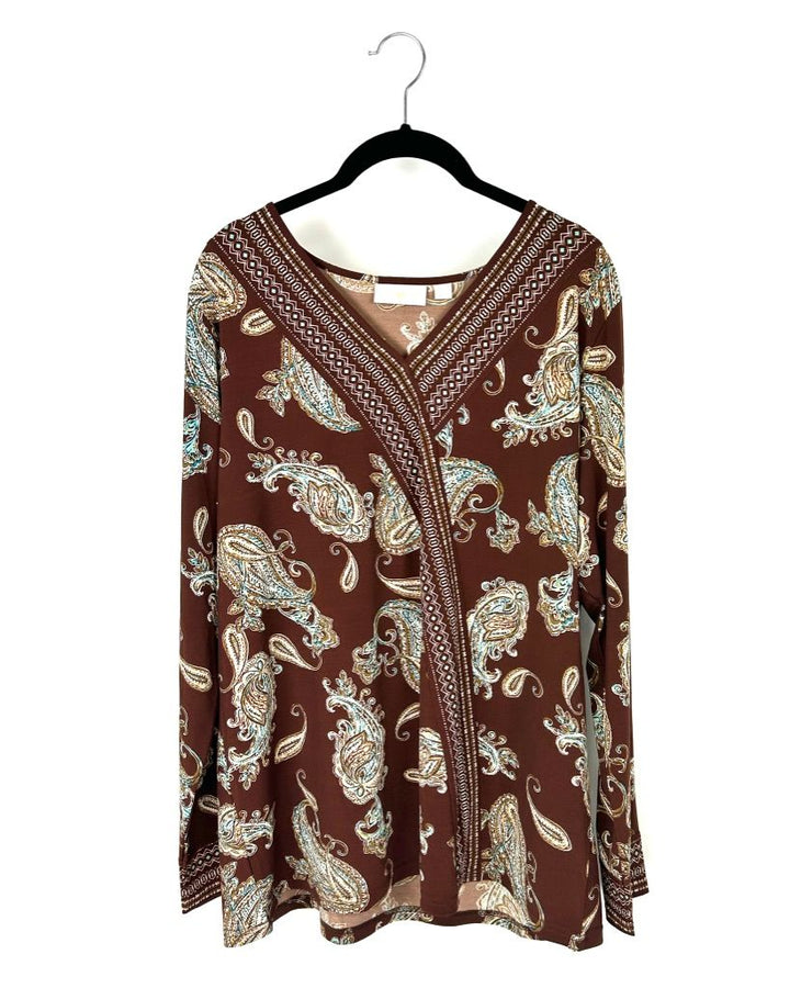 Brown Paisley Long Sleeve Blouse - Size 14-16