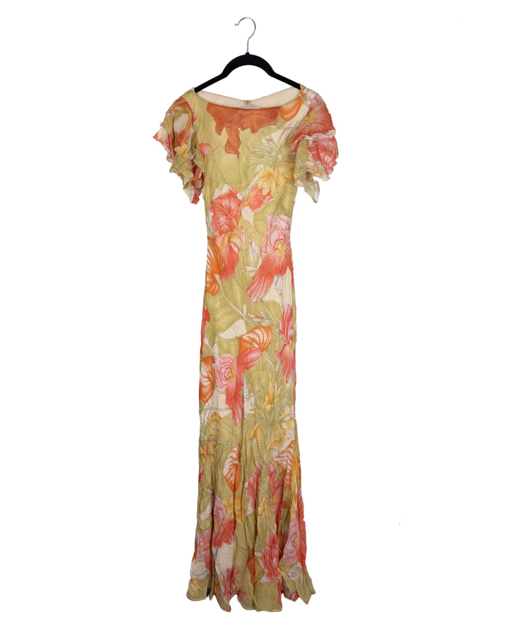 Green Floral Open Back Dress - Size 0/2 and 2/4