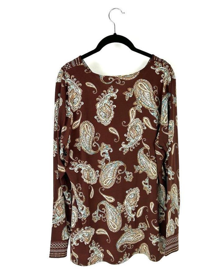 Brown Paisley Long Sleeve Blouse - Size 14-16