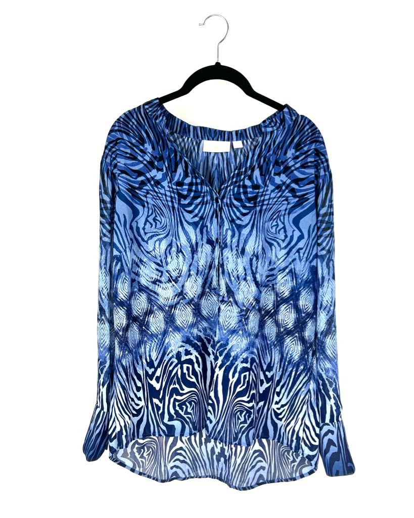 Blue Abstract Long Sleeve Blouse - Size 10-12
