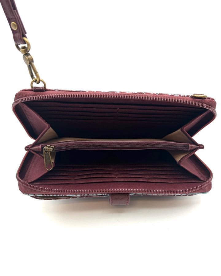 Burgundy Floral Pattern Crossbody Bag / Wristlet