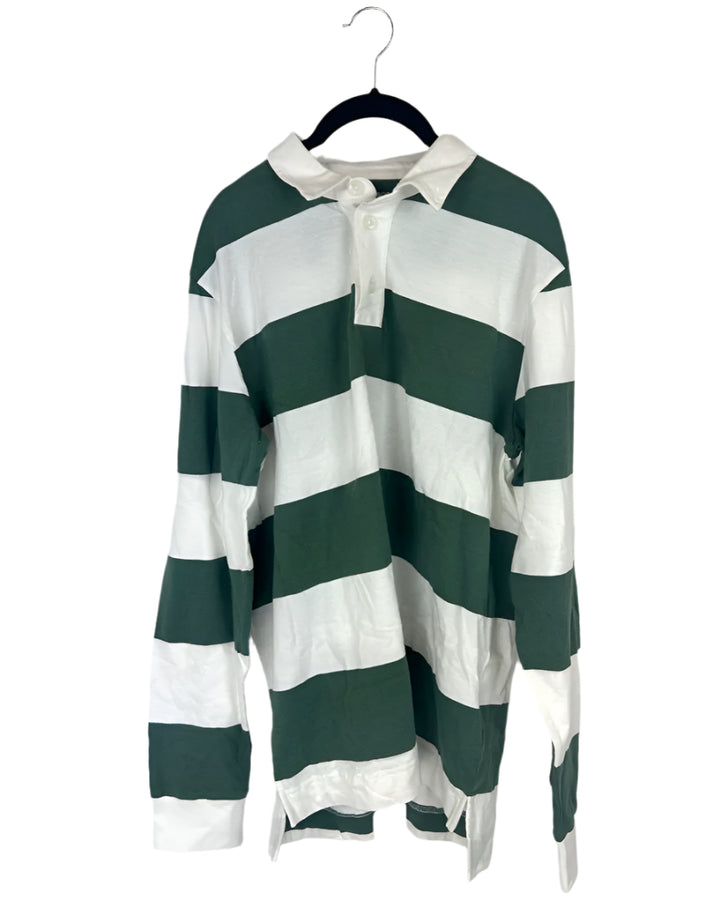 Long Sleeve Green And White Striped Polo Top - Men's Medium/Women's Large