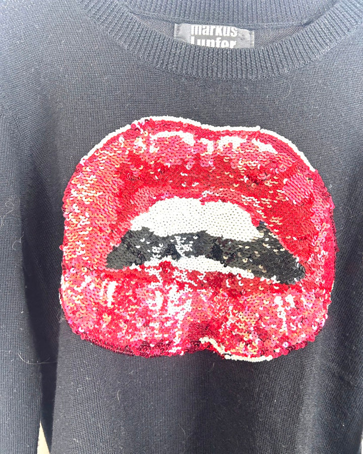 Markus Lupfer Black Sequin Lips Sweater - Small