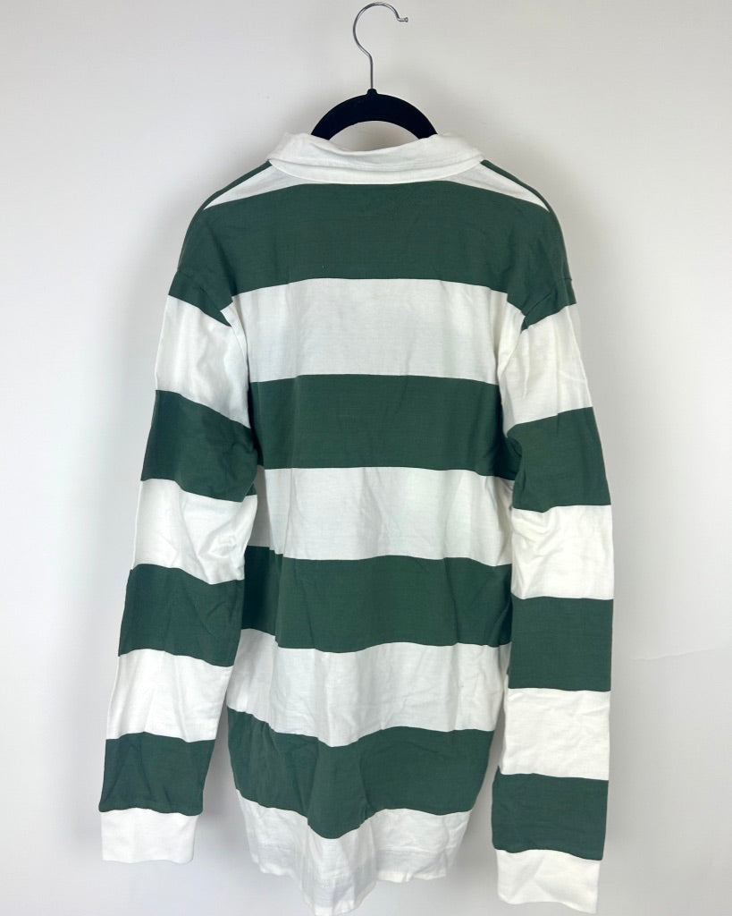 Long Sleeve Green And White Striped Polo Top - Men's Medium/Women's Large