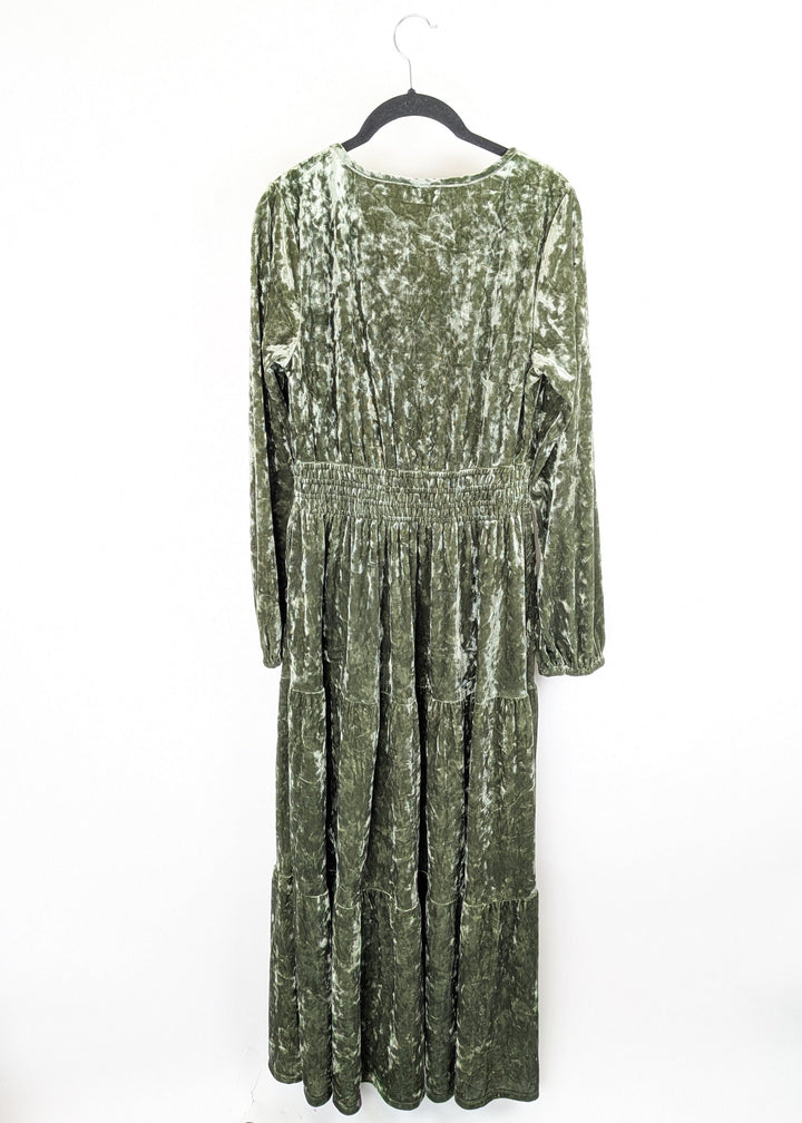 Green Crushed Velvet Long Dress - Size 6/8
